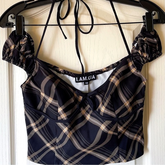 I.AM.GIA Carmel Top Black Check Plaid Halter-Tie Puff Sleeve XS EUC - Picture 3 of 10